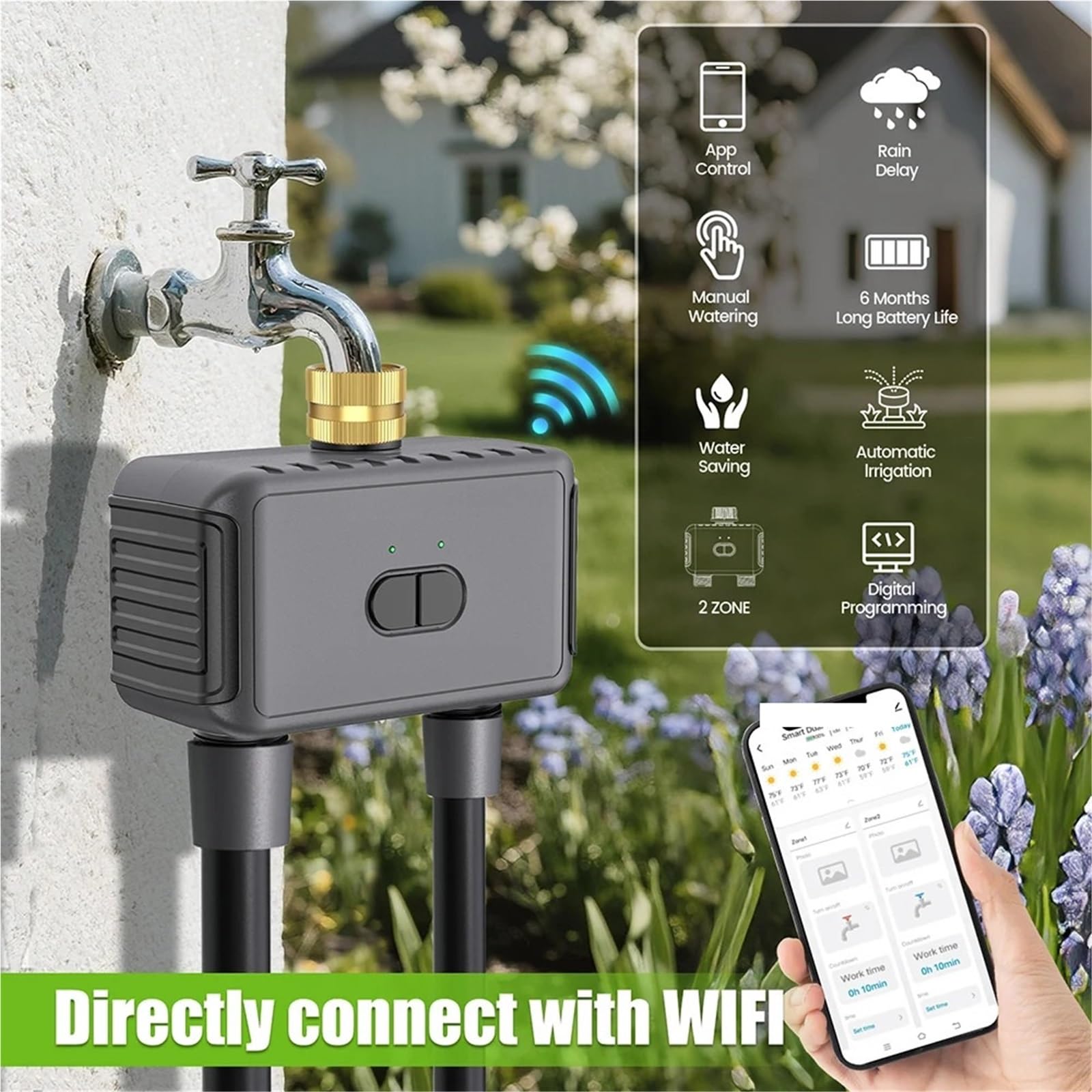 Timer per l'irrigazione, WiFi Water Timer Smart 2 uscite Sprinkler Timer di irrigazione del giardino Controller for irrigazione a goccia Programmatore di ritardo pioggia