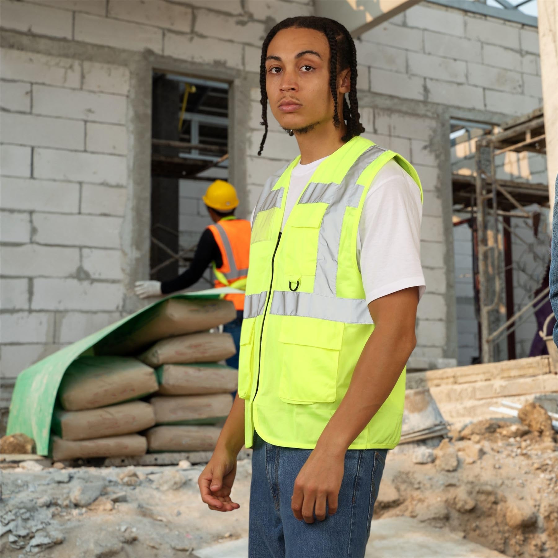 Gilet di sicurezza da uomo ad alta visibilità, ad alta visibilità, senza maniche, con tasche, scomparto per documenti, portapenne, anello per chiavi e nastro riflettente