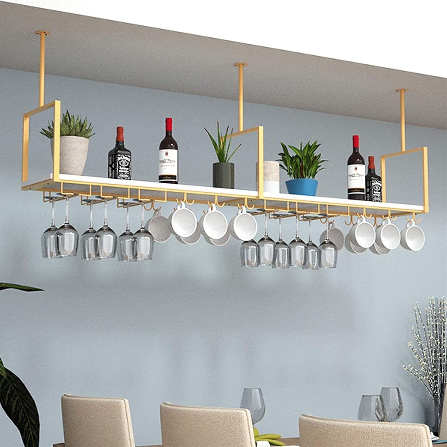 Ceiling Shelf Ceiling Wine Rack Hanging Wine Glass Racks Stemware Holder Iron Solid Wood Ceiling Shelf for Bars/Restaurants/Kitchens Storage Rack 3 Colors (Gold 100 * 30 * 60cm)