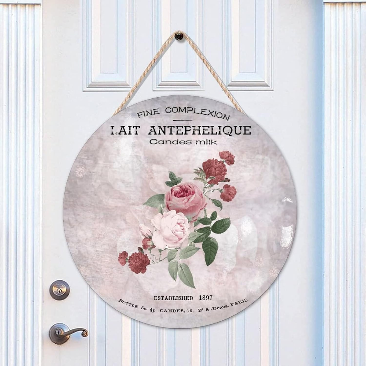 French Vintage Flower Wood Door Sign, Rose Round Door Hanger Sign, 16x16in Floral Wall Hanging Sign Plaque for Front Door Entryway Porch Bar Pub Farewell Party Housewarming Gifts