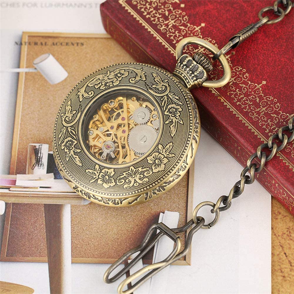 Montre de poche sculptée classique montres-bracelets Fob Watchk, montre mécanique rétro à remontage manuel chiffres romains affichage squelette Steampunk Fob pendentif horloge montres Vintage Bronze