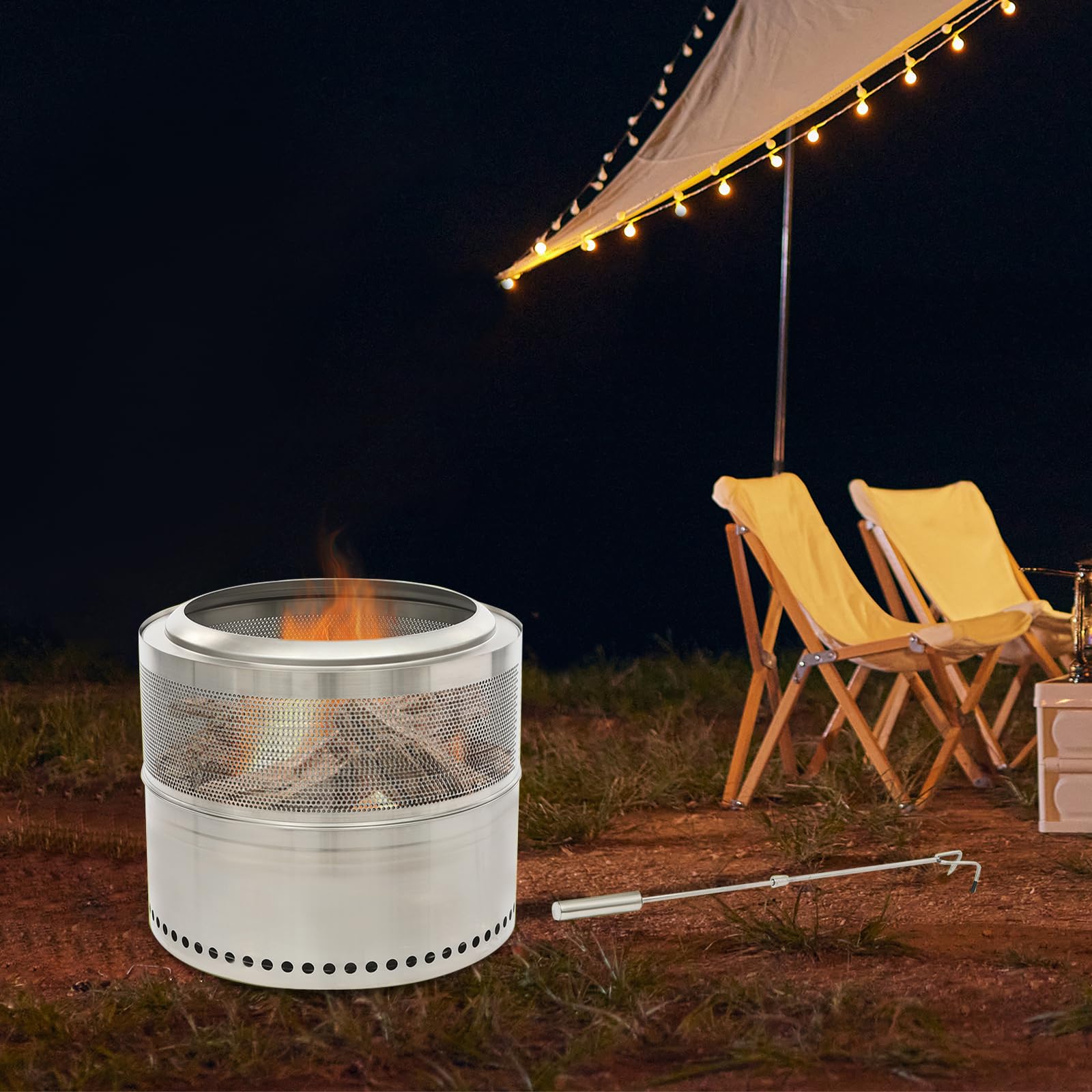Braciere pieghevole in acciaio inox con gancio del fuoco e borsa portatile, per campeggio, feste in giardino, falò
