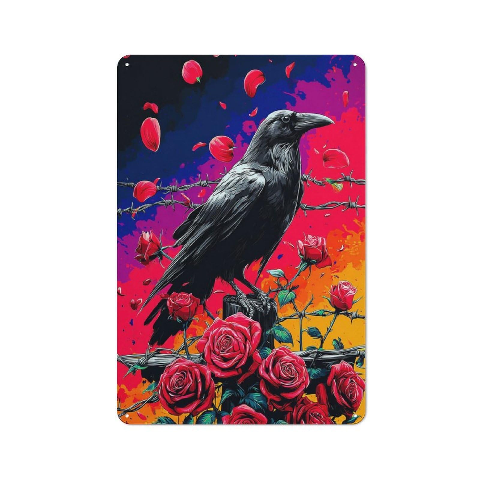 Junmoney Raven Amidst Barbed Wire And Roses Smart Metal Wall Decor 30X20cm, Office Metal Sign For Office, Study, Studio Or Hallway