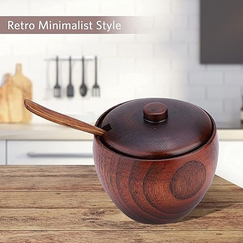 Miniatura 3 de Caja de sal de madera maciza para condimentos, contenedor de almacenamiento con cuchara y tapa, azucarero de cocina redondo para especias para sal,