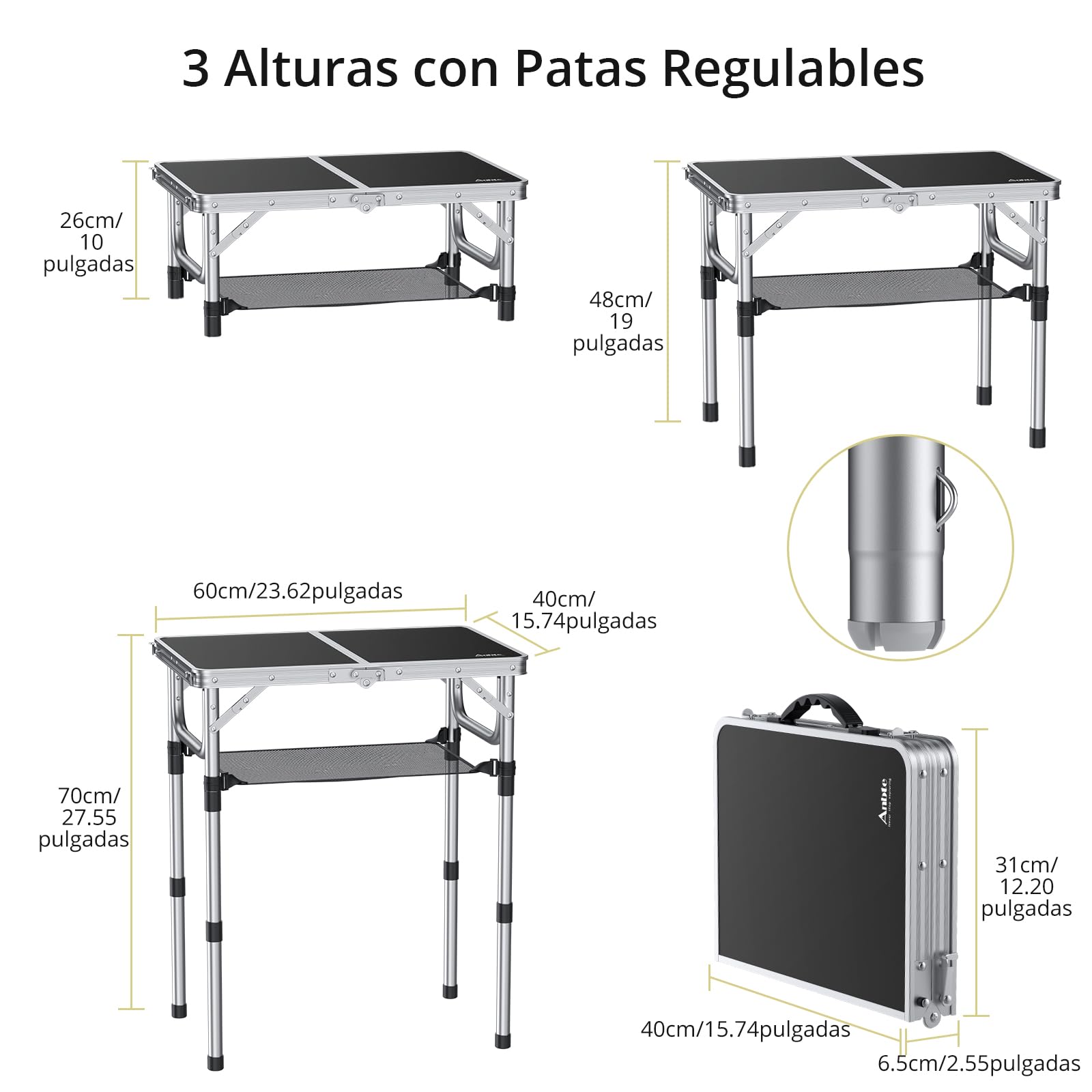 Anbte Mesa Plegable Camping 59x40x26/48/70cm Ajustable Altura y Brújula Profesional Impermeable IP65 con Clinómetro y Nivel de Brújula