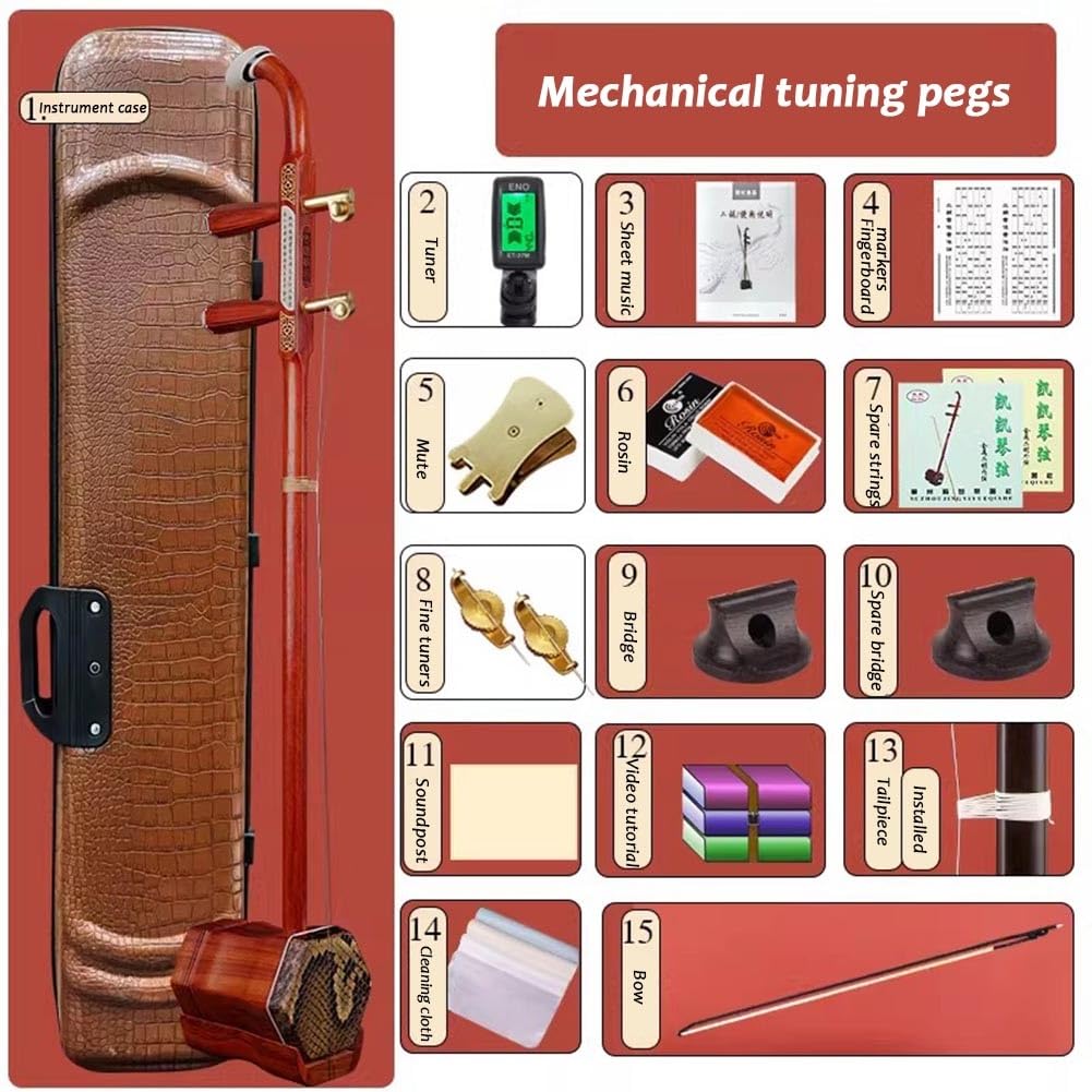 Erhu In Legno Di Palissandro Cinese, Strumento Musicale A Due Corde Simile A Un Violino, Con Accessori Inclusi. Adatto A Musicisti Professionisti.(Red-C)