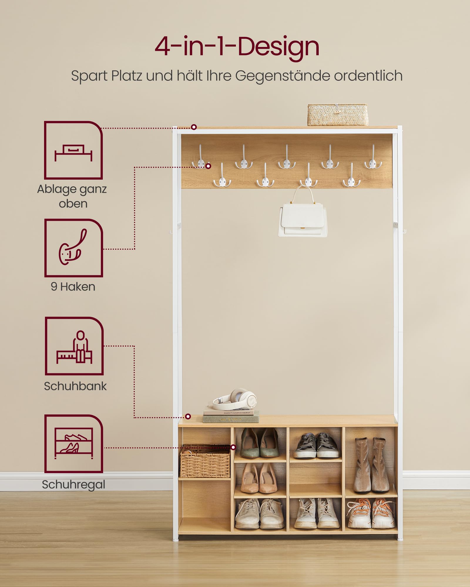 VASAGLE Kleiderständer, Garderobe, Eingangsmöbel mit Schuhregal, offene Fächer, Kleiderhaken, verstellbare Ablagen, modern, für Flur, Eingangsbereich, eichenfarben-weiß HSR432YA01