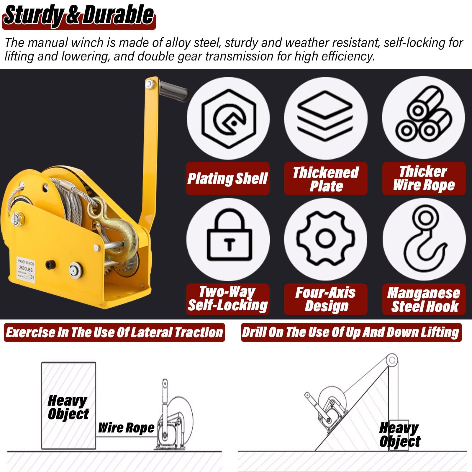 Verricello Manuale 2-Way Ratchet 4:1/8:1 Gear Manovella Portatile Trailer Towing, Heavy Duty Barca Trailer Winch Con Gancio Del Freno / Cavo Verricello Estrattore Per Camion ATV Marine ( Color : Yello