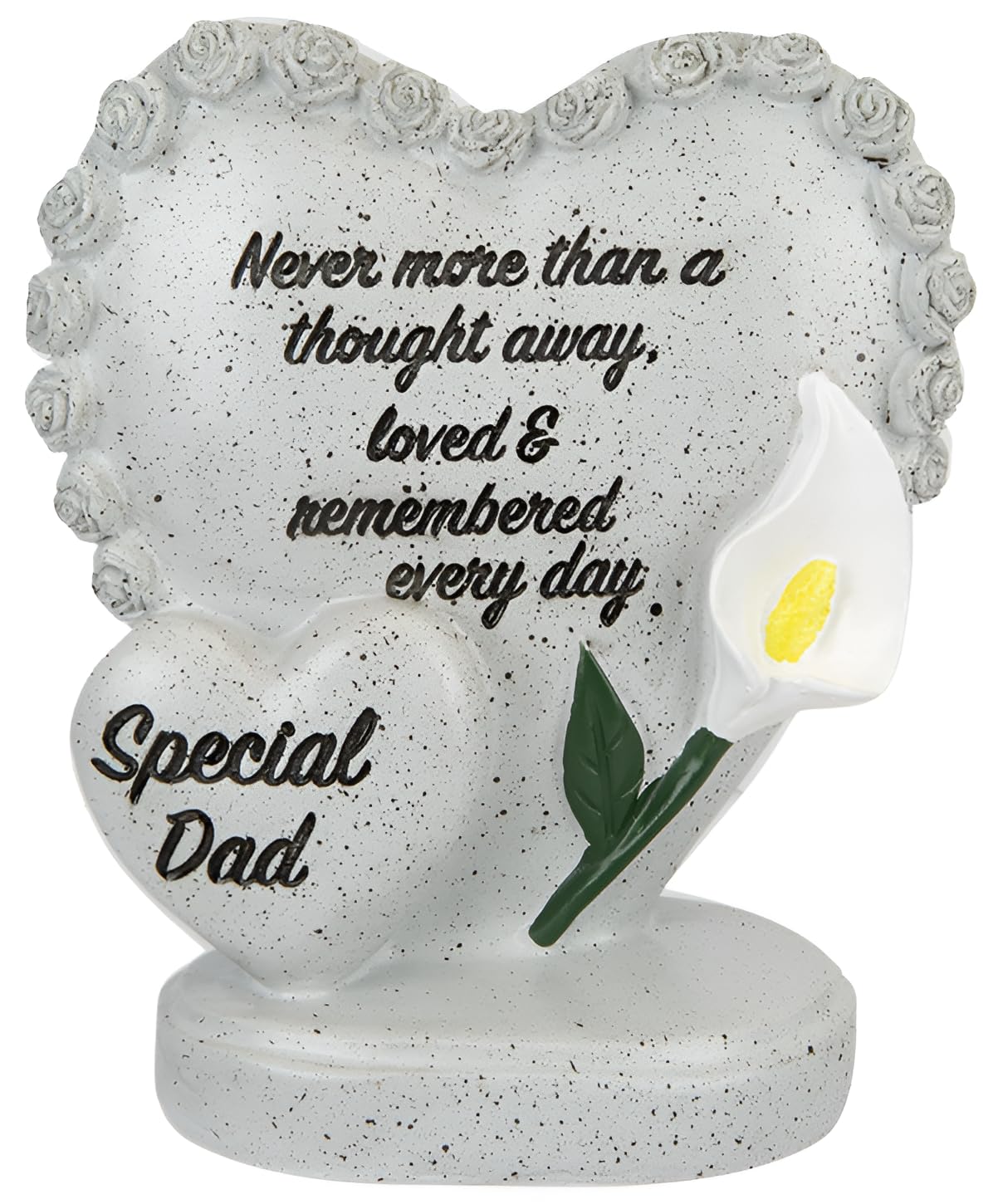 Quickdraw Supplies Light Grey Special Dad Memorial Double Heart Ornament With Rose Border & White Lily – Stone-Effect Standing Grave Decoration & Plaque With Inscription – Graveside, Cemetery & Garden Tribute Remembrance Keepsake