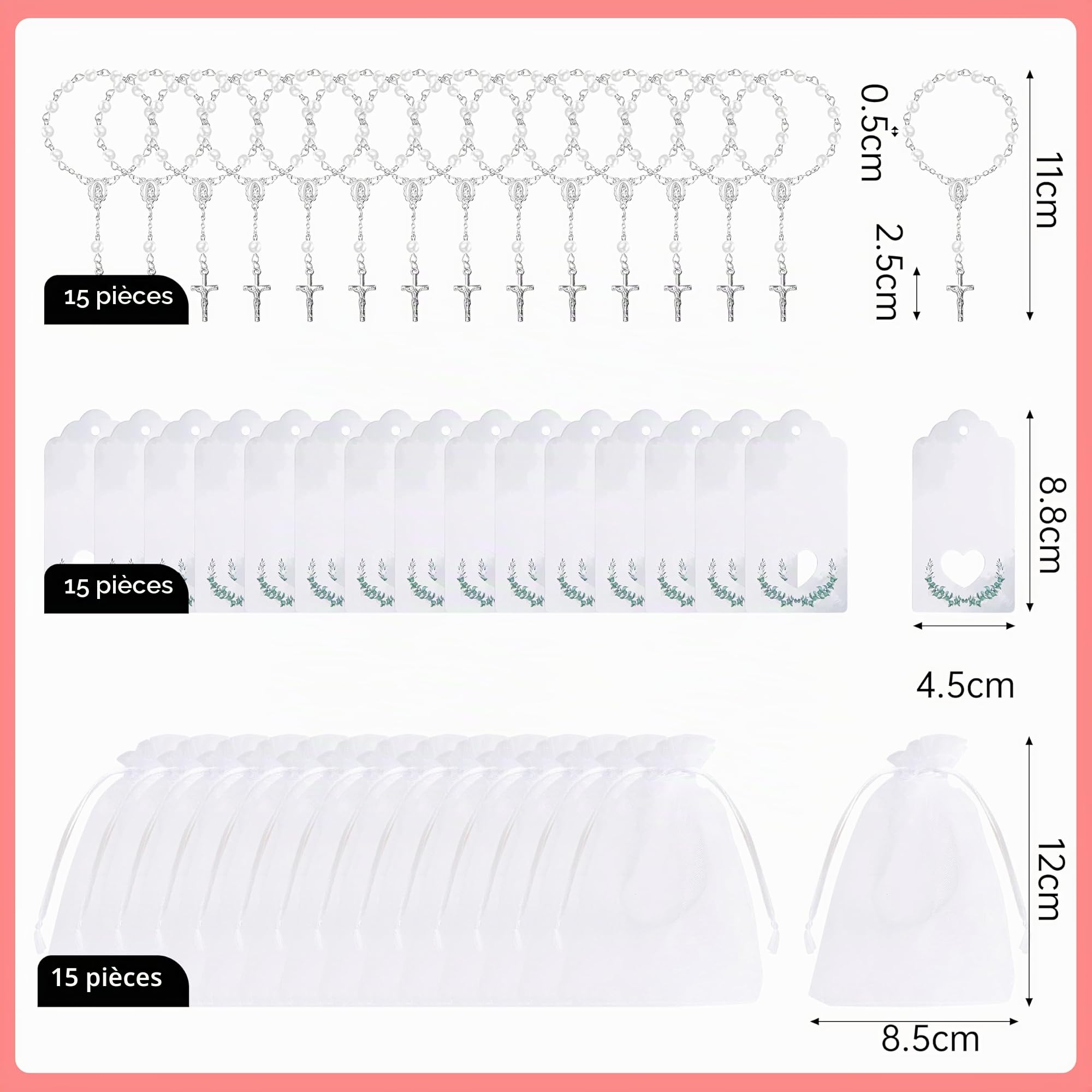 Foshird Lot de 15 chapelets catholiques avec Pendentif en Forme de Croix, étiquettes Cadeaux, Sacs en Organza, Porte-Bonheur, Bracelets, Cadeaux d'invités pour baptême, Communion, Confirmation