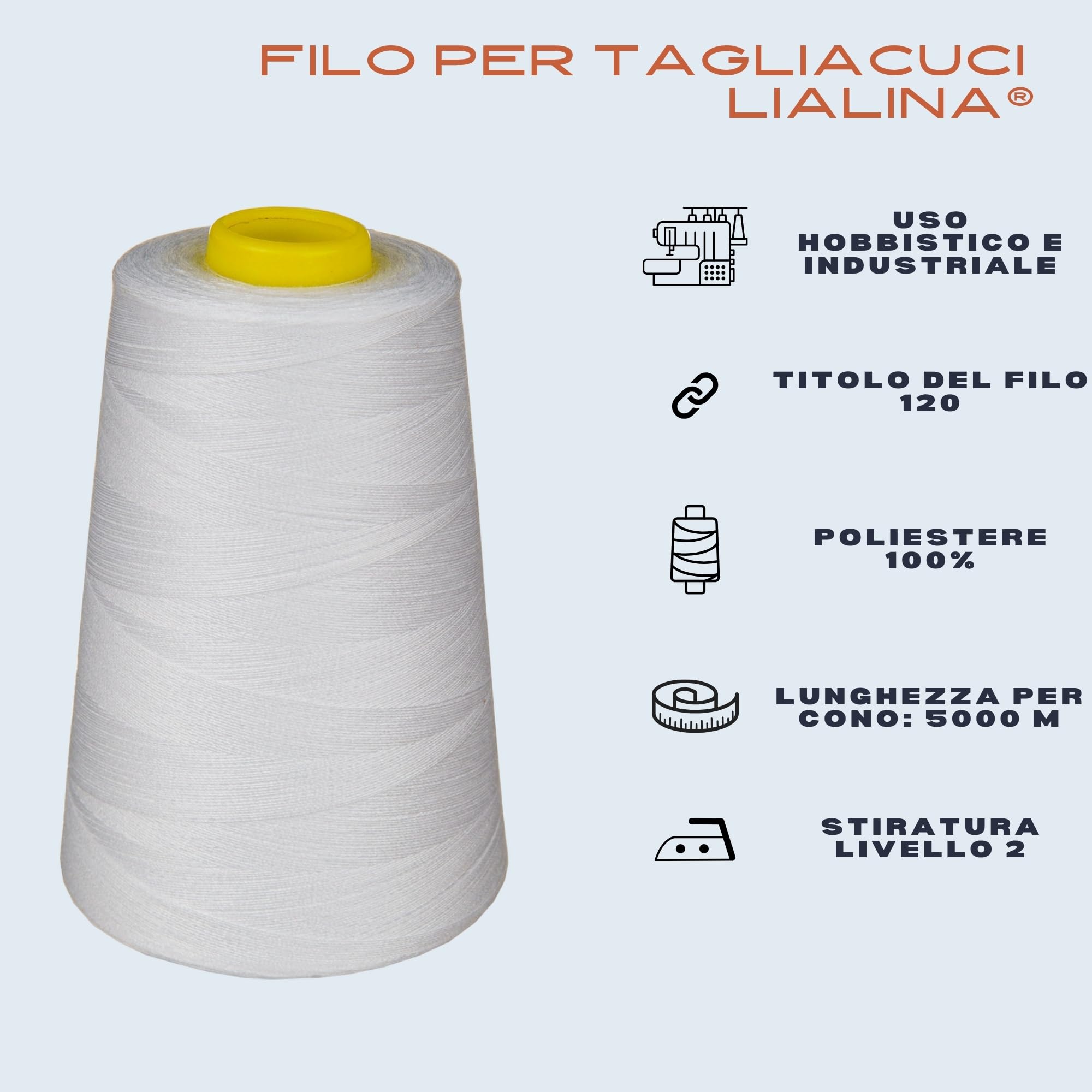 Set di fili overlock Lialina con 4 coni Bianco, OEKO-TEX, spessore 120, lunghezza 5000m per cono, 100% poliestere, filo da cucire per macchine overlock
