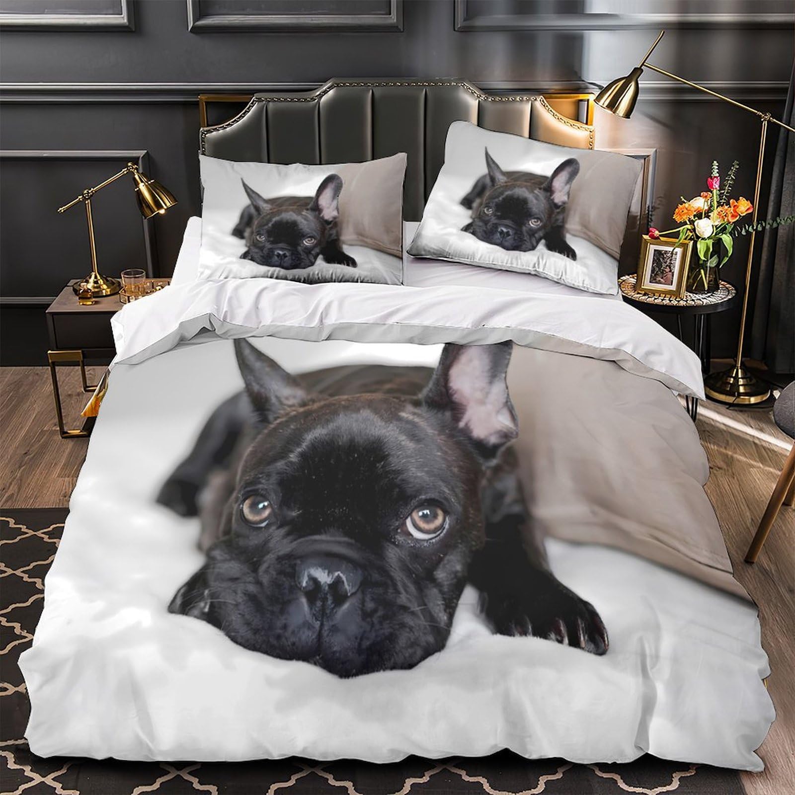 Housse de couette chiot noir au tissage microfibre Premium 3D de 135x200cm