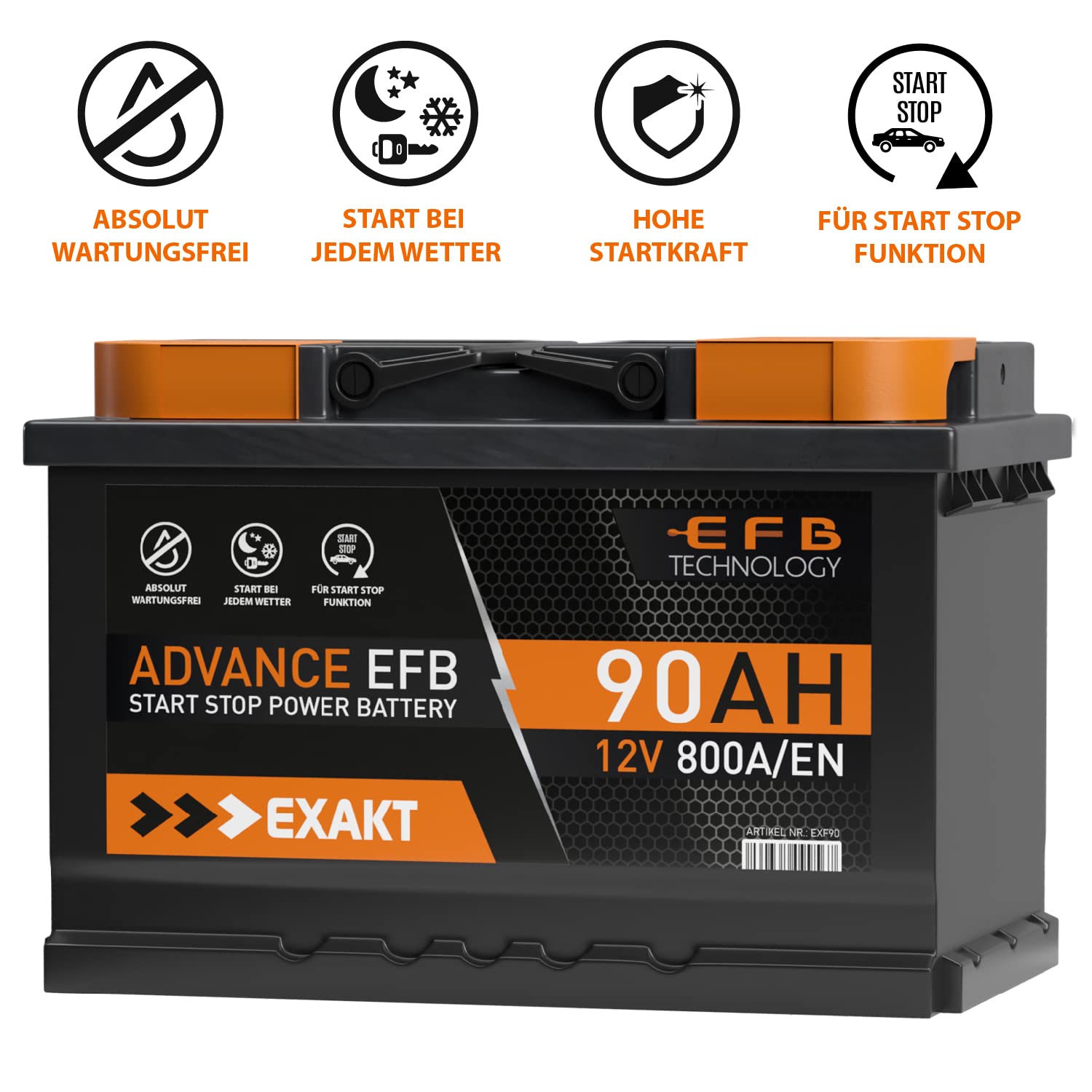 EXAKT EFB Batterie 90Ah 12V Start-Stop Autobatterie ersetzt 70Ah 75Ah 80Ah