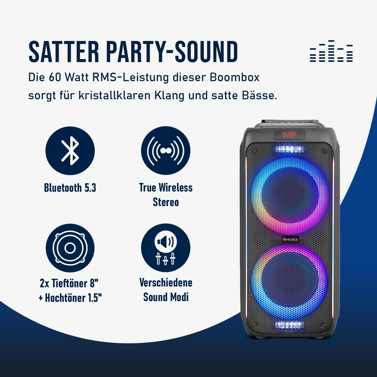 Fontastic Party-Lautsprecher Zeal - Bluetooth Lautsprecher mit USB-Wiedergabe, AUX und MicroSD - Karaoke Box mit Mikrofon und LED Leuchteffekten - tragbares Soundsystem - Schwarz (Zeal 600)