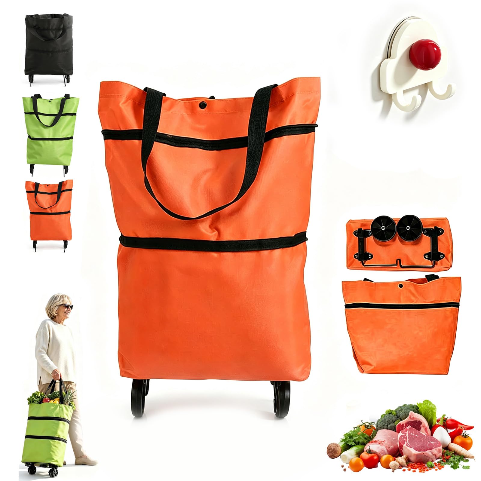 2-in-1 Foldable Shopping Cart with Wheels, Collapsible Grocery Bag (#B)