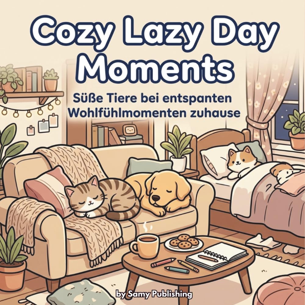 Cozy Lazy Day Moments – Süße Tiere bei entspannten Wohlfühlmomenten zuhause: 40 detailreiche Ausmalbilder mit niedlichen Tieren, gemütlichen Szenen und entspannten Alltagssituationen