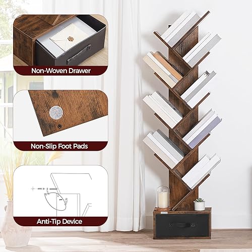 Miniatura 8 de Estantería de árbol, estantería de 9 niveles con cajón, estante de almacenamiento de libros de madera, estantería de pie, estantes organizadores