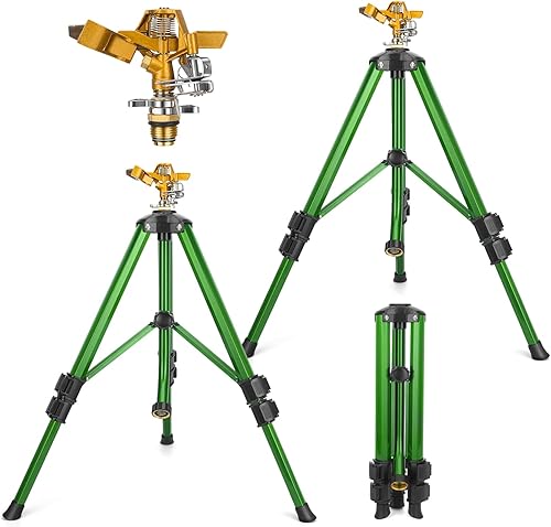 Aspersor de impacto en base de trípode, aspersor para patio para patio área grande, cobertura de 360 grados, patas de extensión de 34 pulgadas,