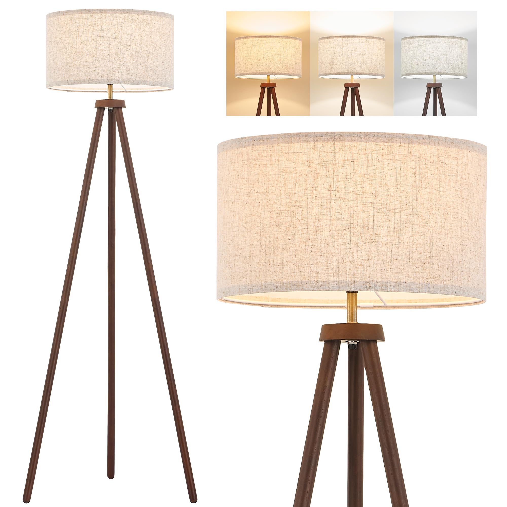 ELYONA Wood Tripod Floor Lamp Brushed Brass Metal & 3 Color