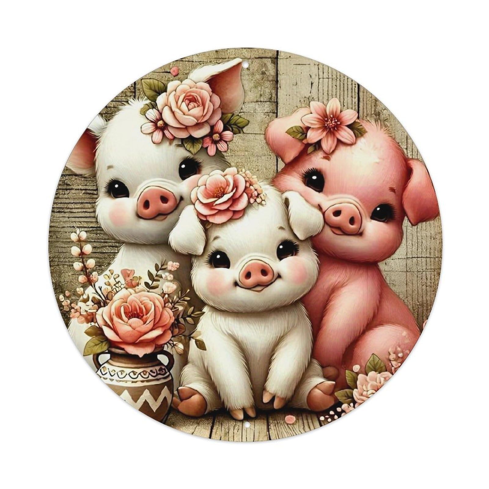 Cute Pigs With Flowers Retro Metal Sign Round Tin Sign, Vintage Decor Art Poster for Bar, Home, Man Cave, Kitchen, Laundry Room Gift 8x8Inch