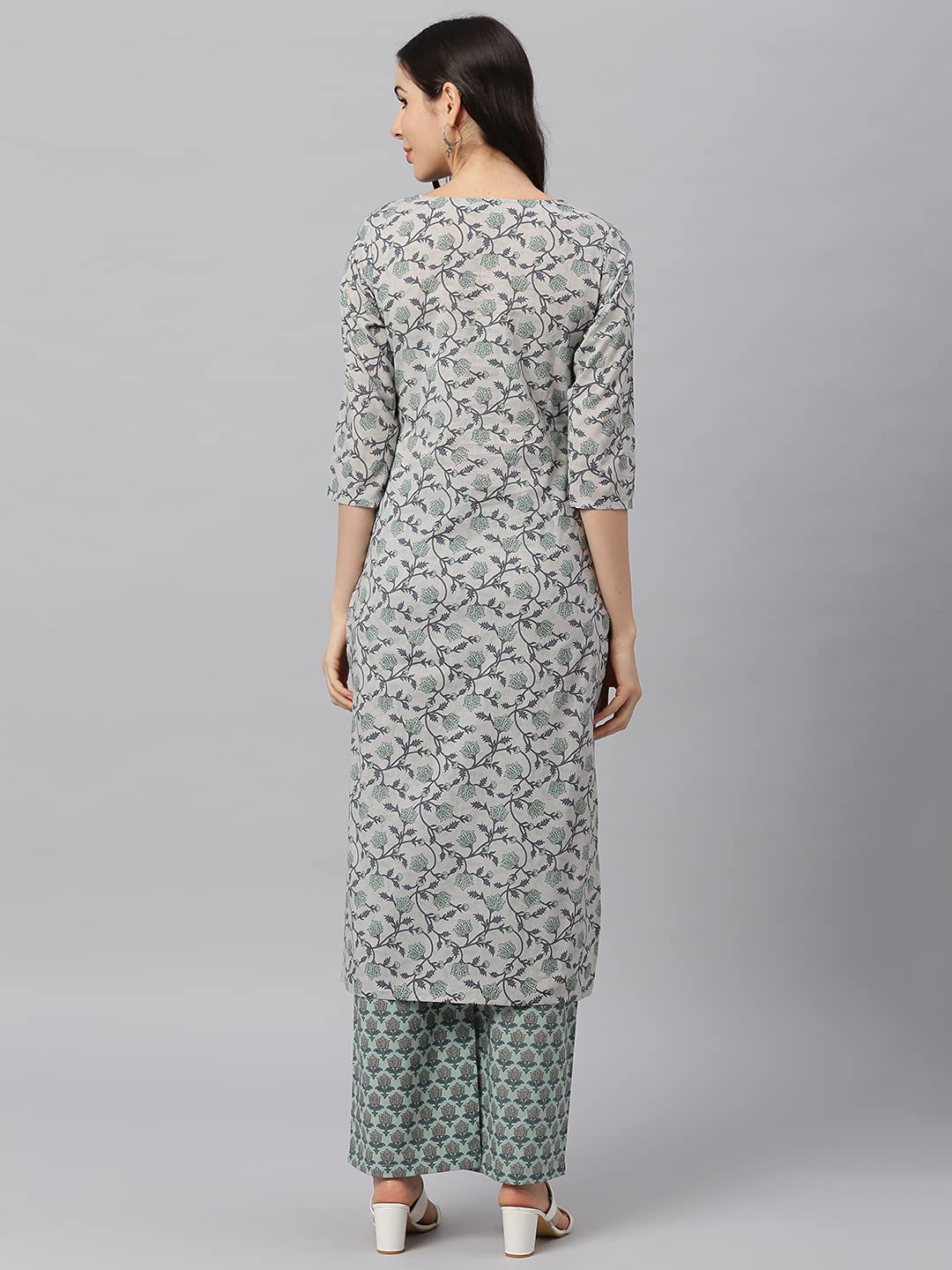 Idalia Women's Grey And Teal Green Printed Cotton Kurta Set With Palazzo Pant