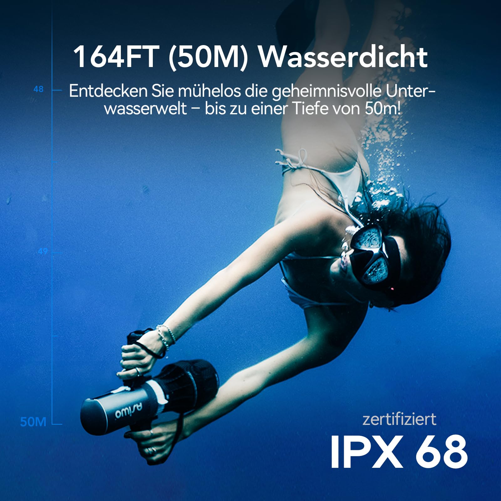 Asiwo U1 Scooter Subacqueo per Adulti e Bambini, 1100W Sea Scooter con 3 Velocità e Doppia Modalità, fino a 3 m/s, autonomia 80 minuti, profondità 50 m, ideale per Immersioni, Snorkeling, Nuoto e SUP