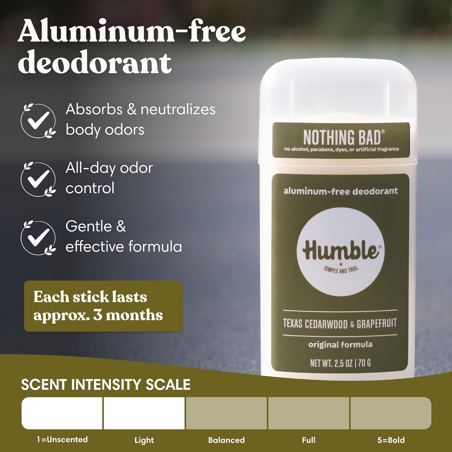 Humble Aluminum-Free Deodorant for Women & Men, Texas Cedarwood & Grapefruit - Clean & Fresh Natural Deodorant Stick with Essential Oils for Long-Lasting Odor Control - 3 Pack