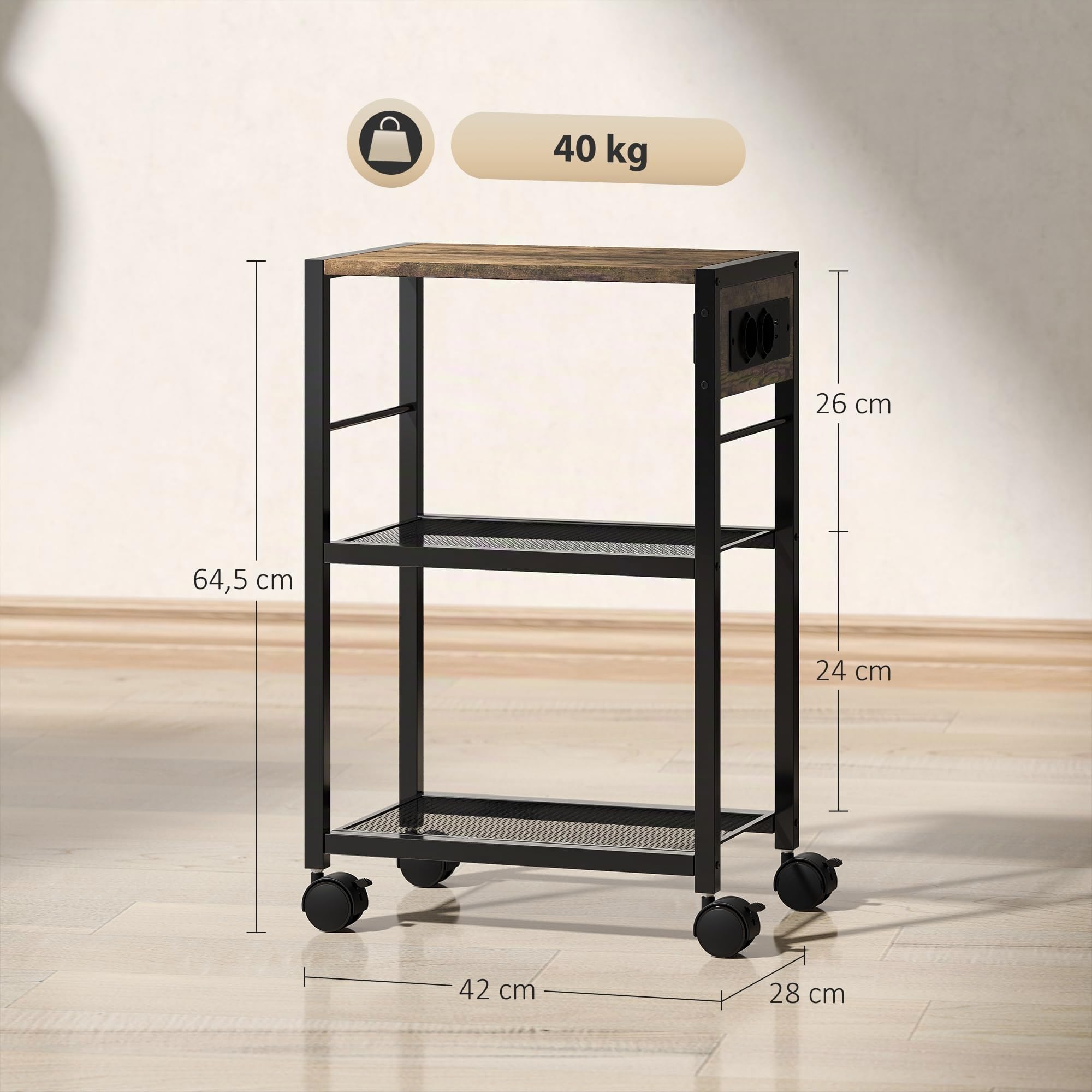 HOMCOM Druckerständer mit 3 Ebenen Rollen 42 x 28 x 64,5 cm Rustikalbraun | Steckdosen, Schreibtisch Organizer für Drucker, aus Stahl, Druckertisch, Druckerhalter, Druckerwagen, Büro Office Fax Scanner
