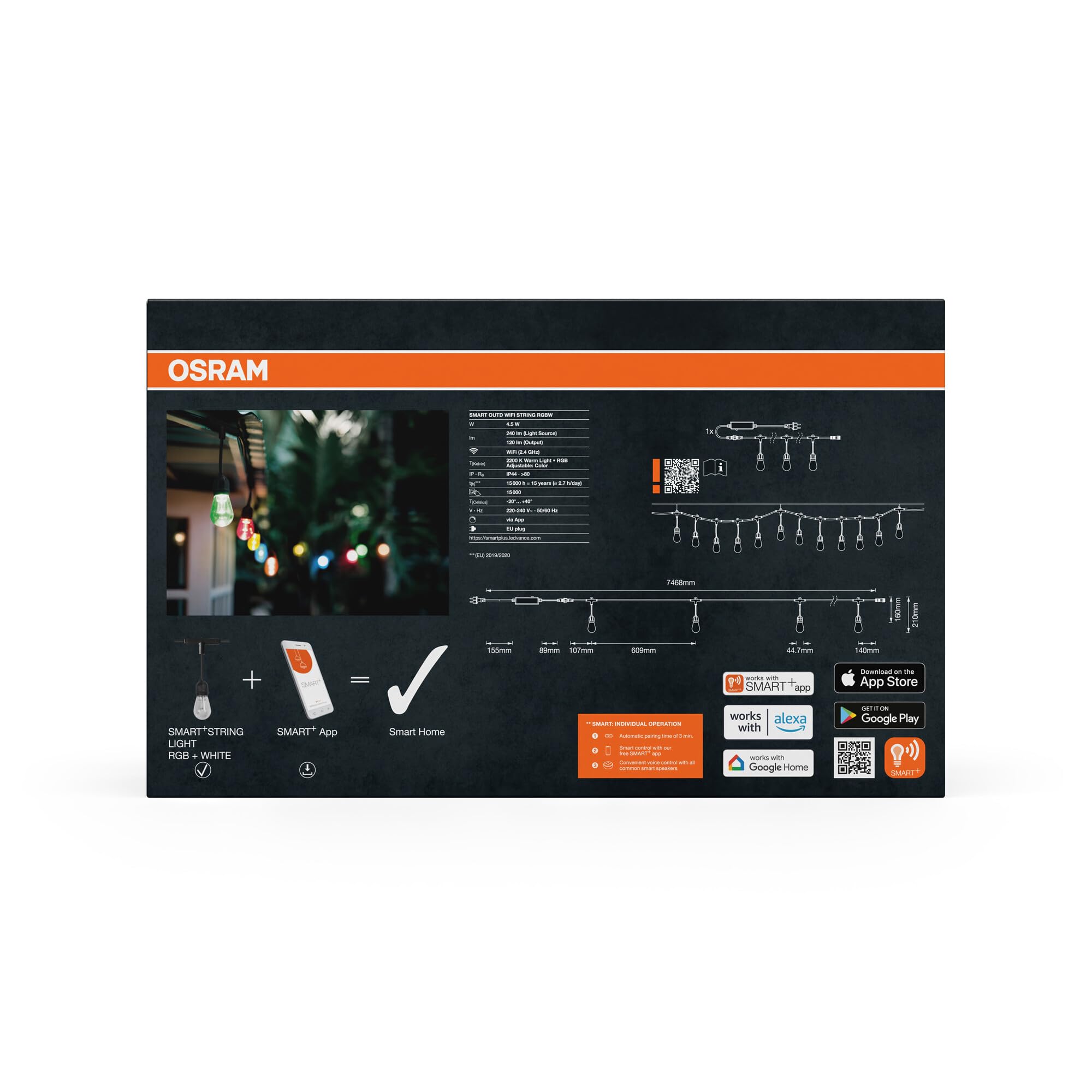 OSRAM SMART+ String catena di luci WiFi da esterno | SMART+ String Light, Party Lighting Special and Mood Light, Black, dia, 15000 h, confezione da 1