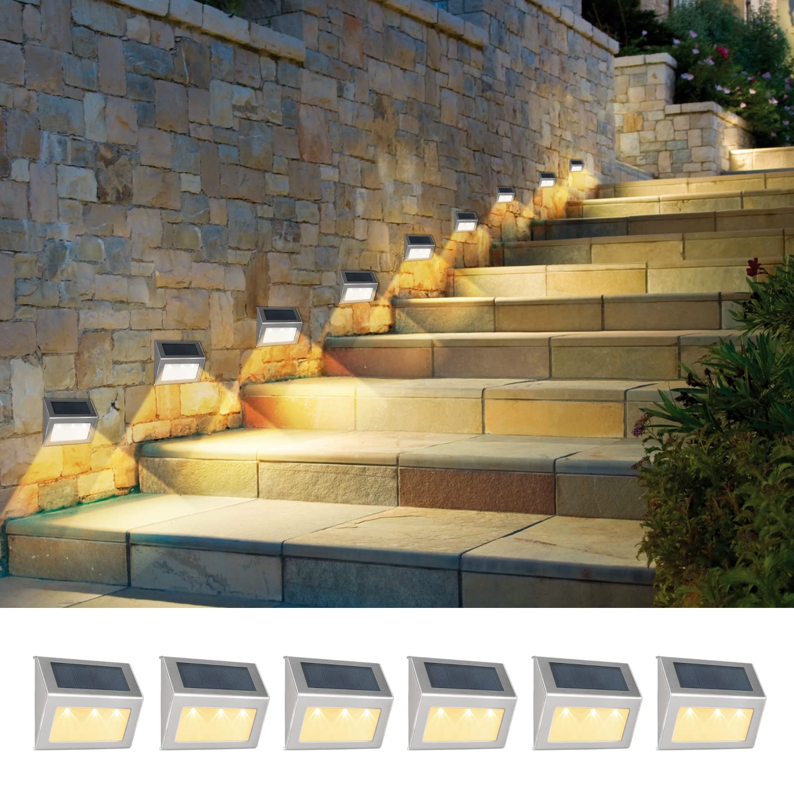 Solar Step Light 8-Pack Bright LED Stair Lights Stainless Steel Waterproof Solar Fence Lights for Step Paths Pathway(Warm Light)