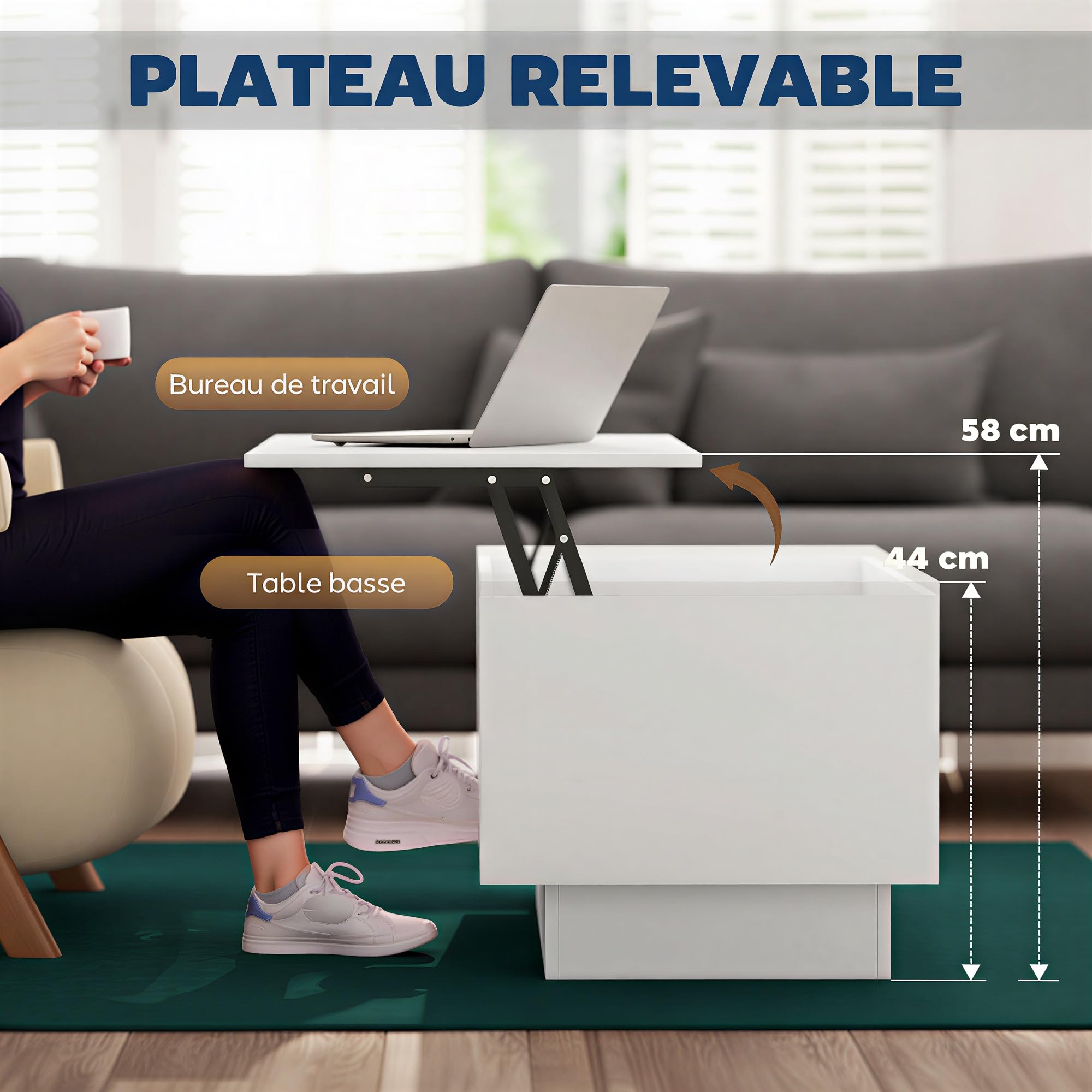 HOMCOM - Mesa baja elevable moderna con compartimento oculto y 2 cajones, mesa de salón para oficina y salón, 100 x 50 x 44 cm, color blanco