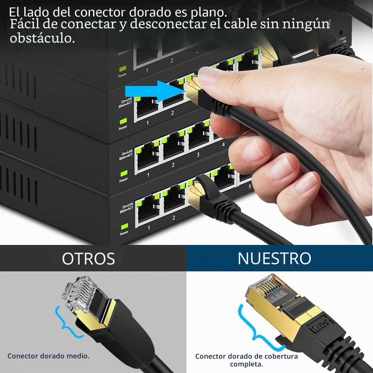 VEEtOP Cable Ethernet Cat 8 de Red con Conectores rj45 Oro para 40 Gigabit Internet LAN 2m Negro