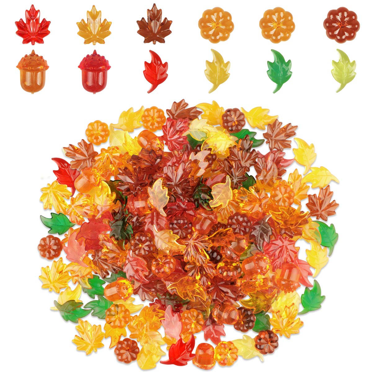 250 PCS Acrylic Leaves Fall Decorations Mini Acrylic Pumpkin Maple Leaves Acorns Crystals Gems for Thanksgiving Home Table Scatters Decor Fall Vase Filler Preschool Counting Sorting Stone, 6 Colors