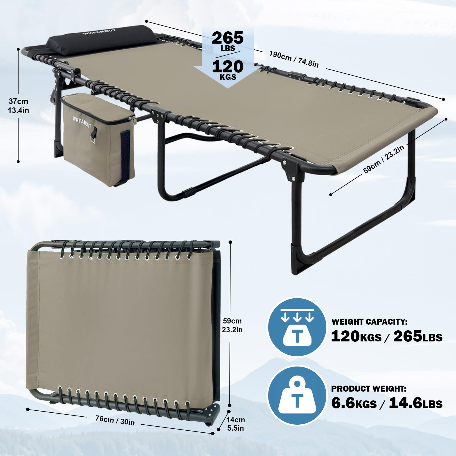 Sedia Sdraio da Esterno con Borsa Frigo Staccabile per Adulti 190x59CM Sedia Reclinabile Pieghevole 5 Posizioni Regolabili Robusto e Stabile con Poggiatesta Regolabile Carico Massimo 120 kg
