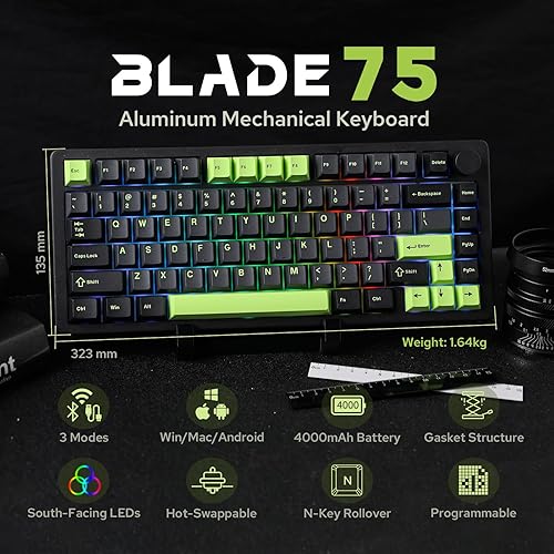 Miniatura 2 de MechLands Blade75 Teclado mecánico inalámbrico de aluminio para juegos, BT5.02.4GHzUSB-C, teclado cremoso personalizado intercambiable en caliente