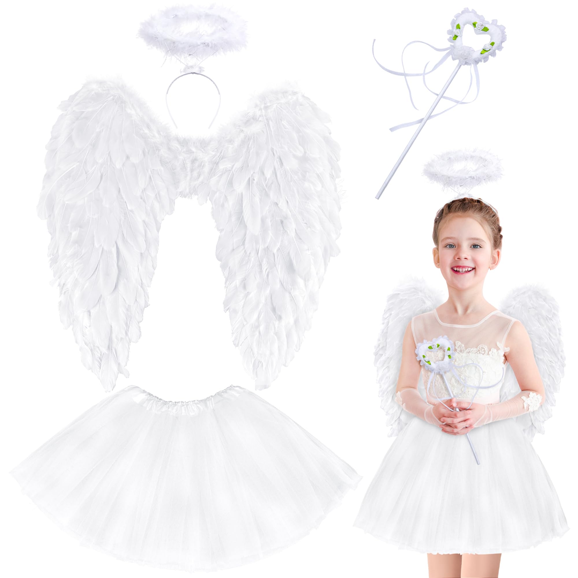 YezmoAngel Wings, Angel Costume Women Girls Adults Angel Accessories with Tutu Skirt Halo Headband Wand for Party Cosplay (White Kid)
