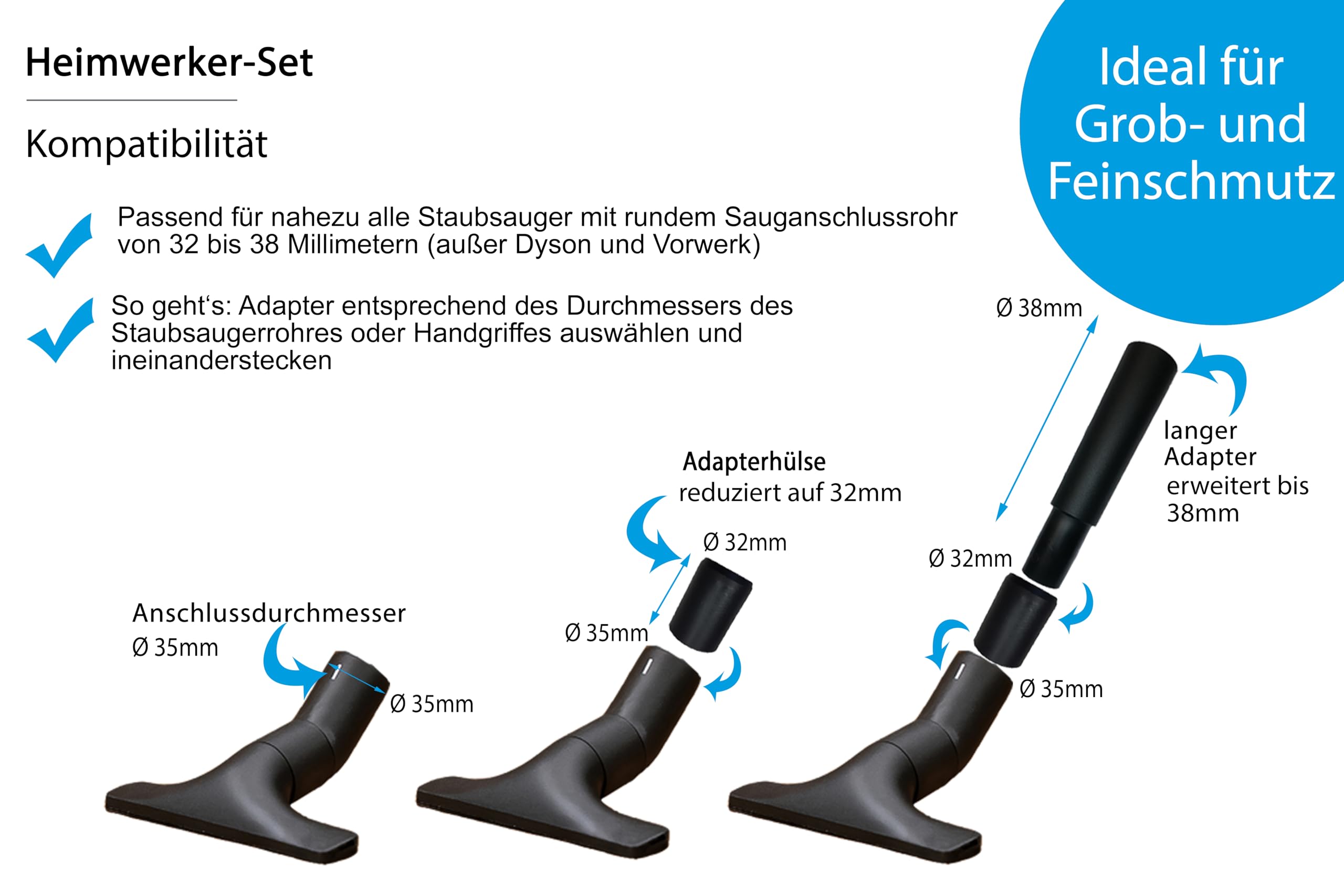 Wessel-Werk Heimwerker Set | 7-teiliges Staubsaugerdüsen Set DIY | inklusive Bohrstaubfänger und Universaladapter | passend von 32-38mm