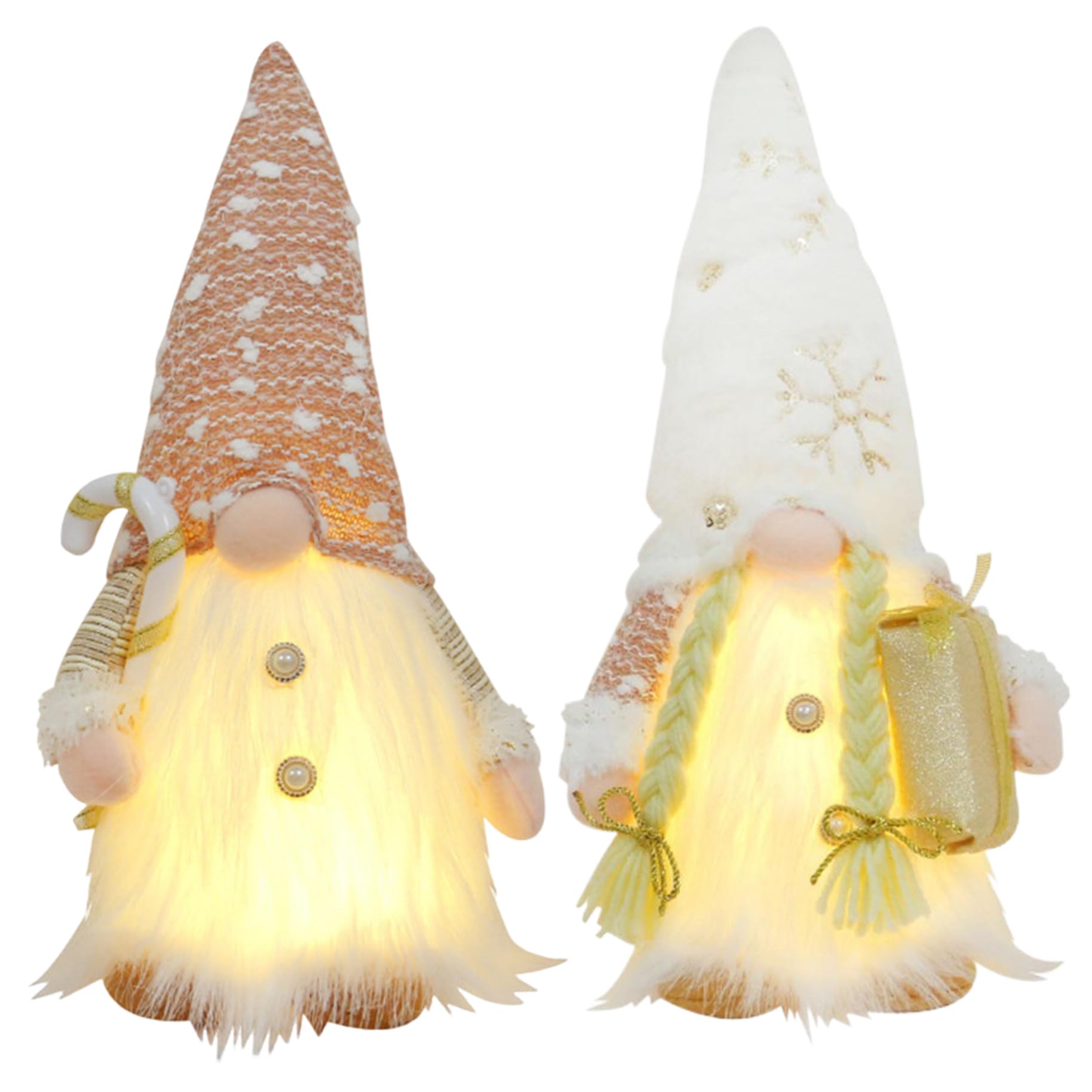 Nains de Noël Lumineux Lot de 2 Peluches 30.5 cm avec Canne Déco de Table à Piles
