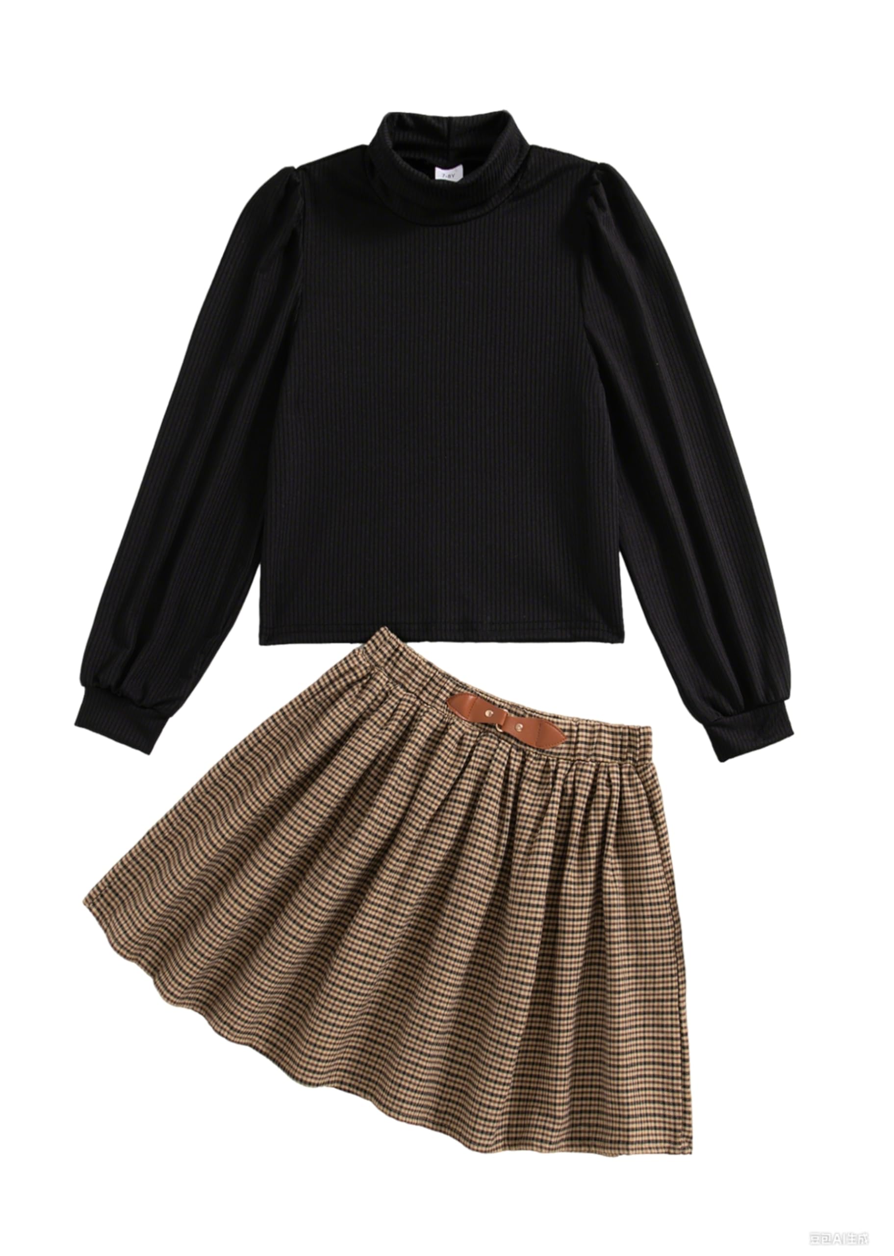 YOURUIKEY Girls Skirt Sets 2 Piece Outfits Long Sleeve Puff Mock Neck Tops and Plaid Skirts Fall Winter Clothes Size 6-14Y