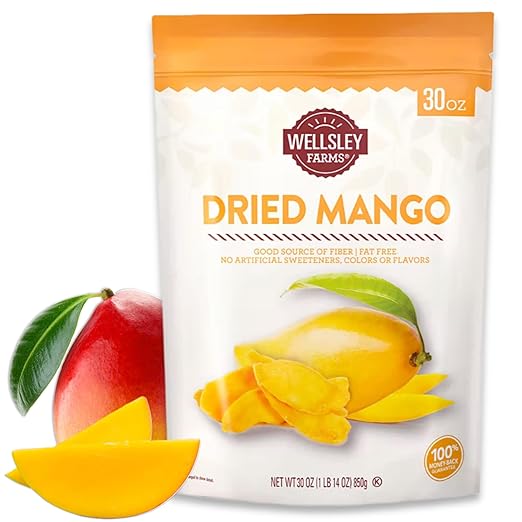 Wellsley Farms Dried Mango 1lb, 14oz | Non-Acidic, Tree-Ripened, All-Natural Snack | High in Vitamin C, Good Source of Fiber & Fat-Free