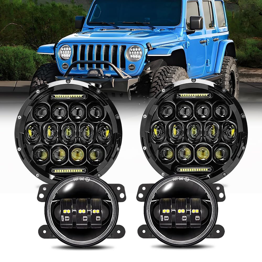 GLWZSY Jeep wrangler headlight,LED Headlights with LED Fog Lights (Black) for Jeep Wrangler TJ LJ JK 1997–2020, High Output Lighting Kit, Off-Road