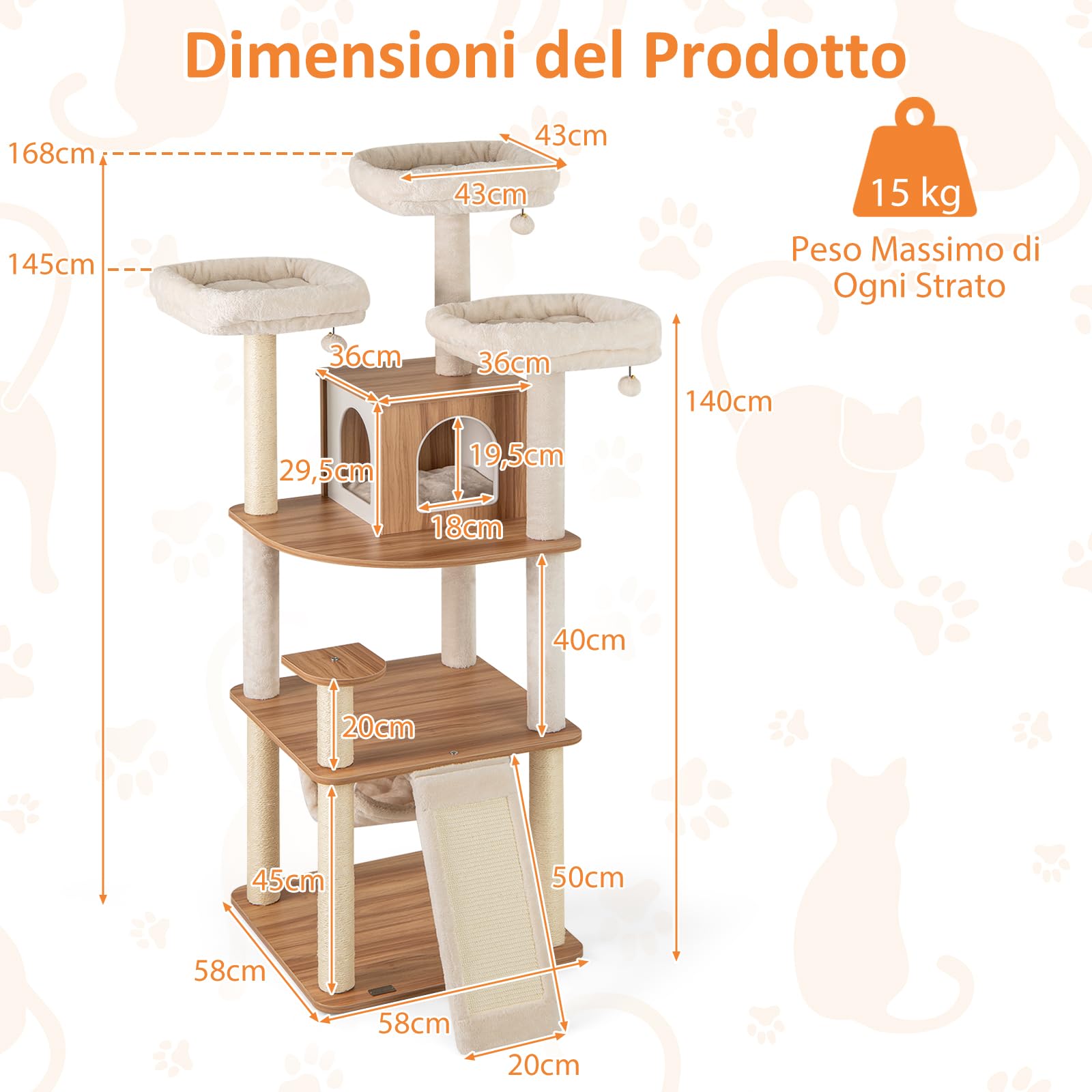 GYMAX Albero per Gatti Alta 168 cm, Torre Multilivello con Piattaforma, Amaca, Pannello Graffiato e Tiragraffi in Sisal, Palline Sospese, Naturale