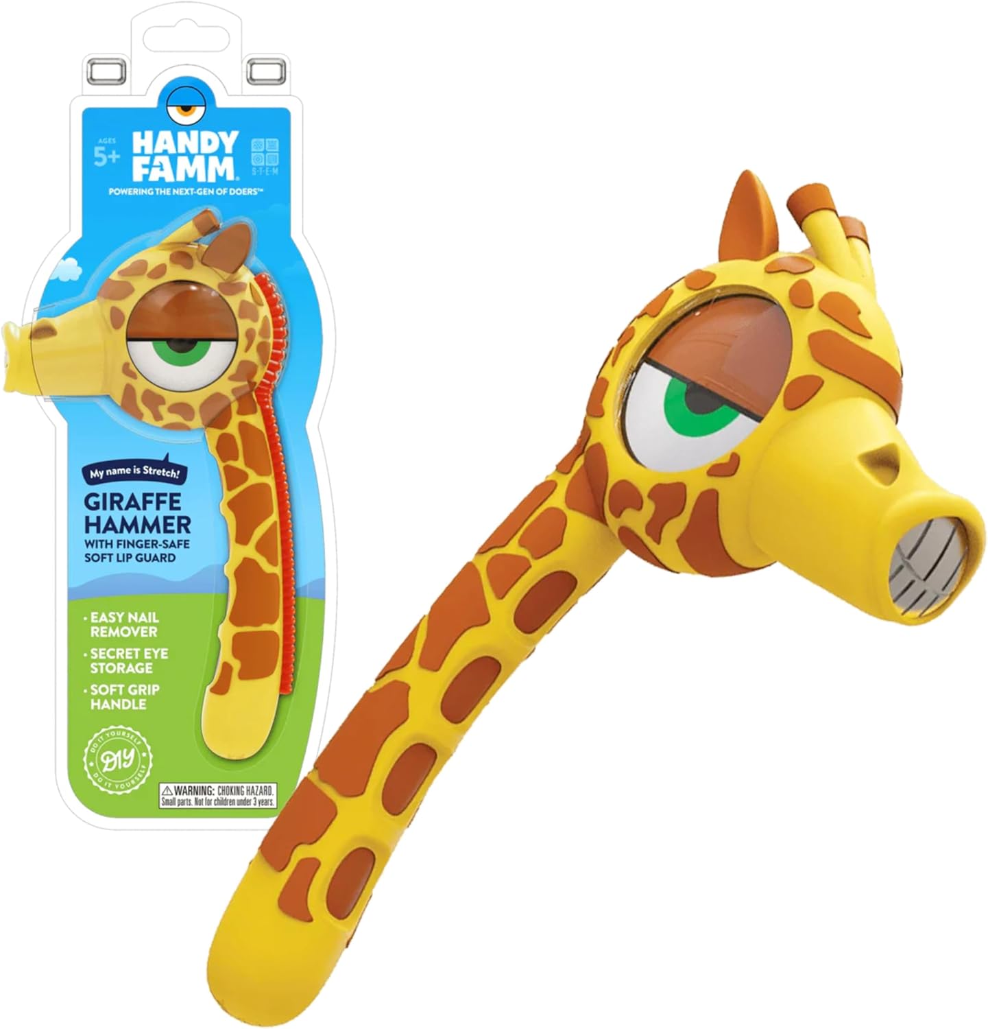 Handy Famm Real Metal Yellow Giraffe Hammer for Kids, Patented Safety Mouth Sleeve and Nail Remover, STEM DIY Tool for Children Ages 5 and Up