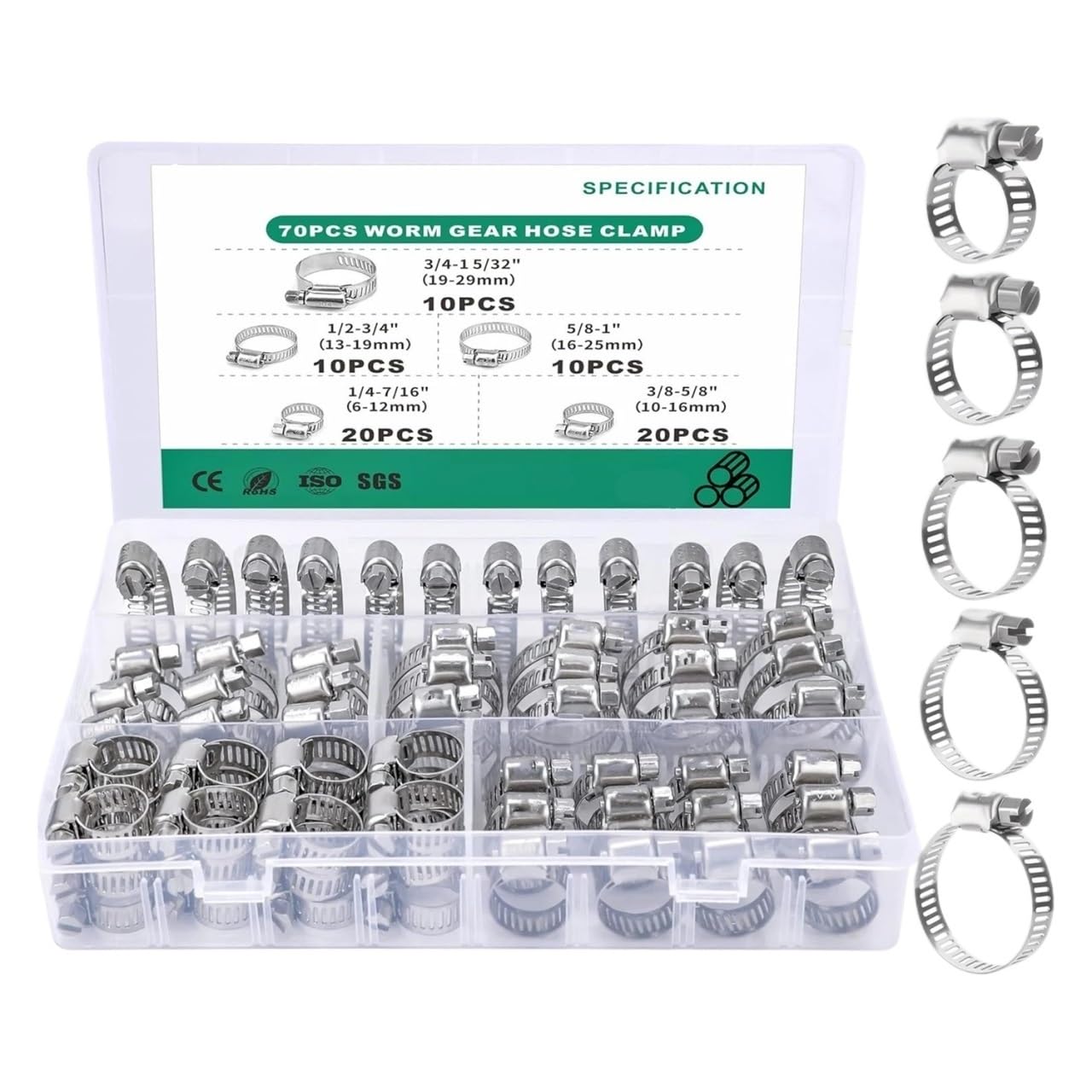 Weoodoer A 70Pcs 6-29Mm Djustable Stainless Steel Screw Band Hose Clamps Car Fuel Pipe Clamp Worm Gear Clip