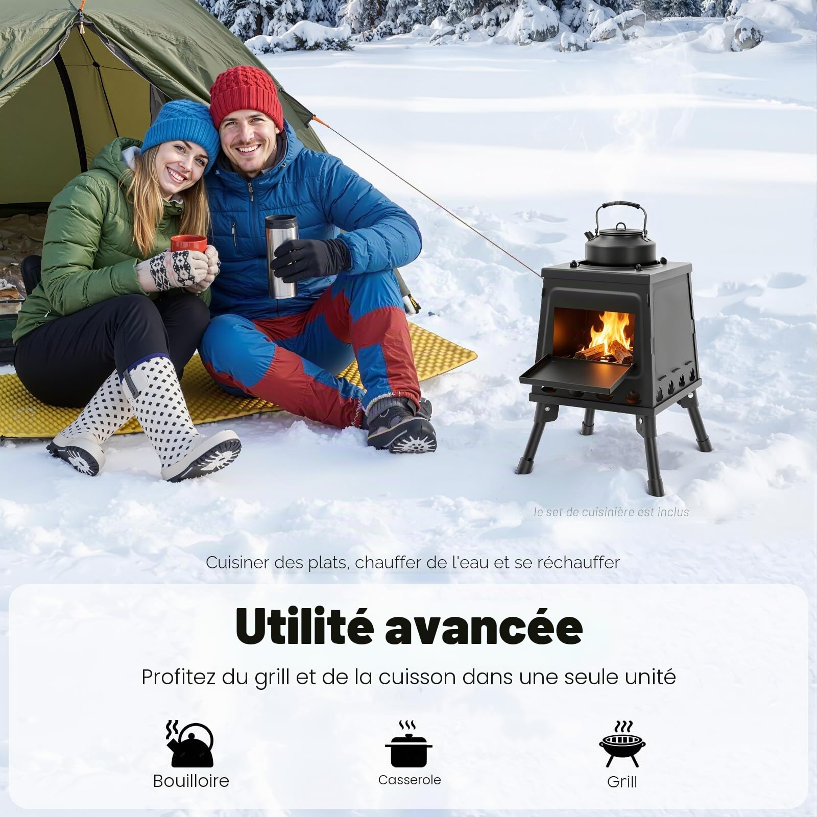 Réchaud de camping à bois, poêle de chaleur portable pour le plein air, poêle de tente avec sac de transport pour pique-nique, camping, barbecue, voyage en camping-car