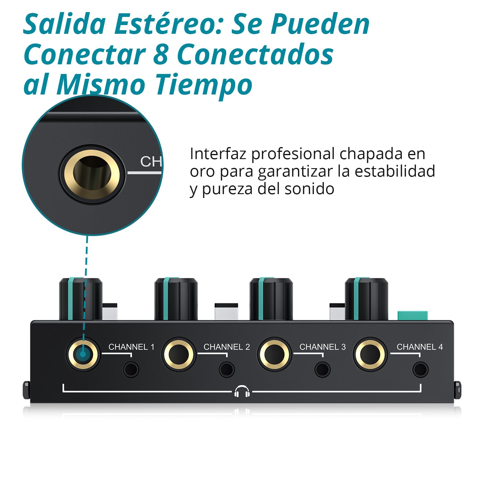 Amplificador de Auriculares Estéreo Portátil-4 Canales con Controles de Volumen y Entradas AV/3.5mm/6.35mm - 8 Salidas Estéreo de 3.5mm/6.35mm para Escenario-Actualización de Chip