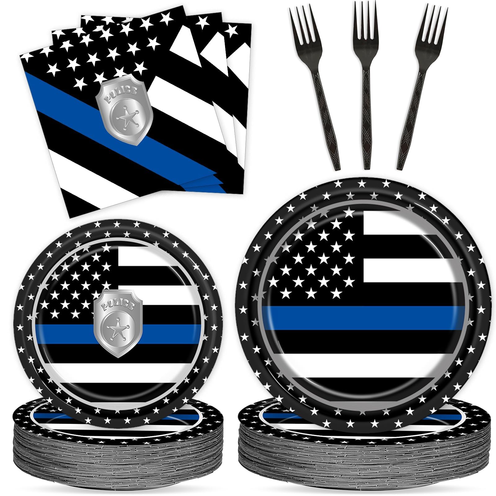 Qyeahkj 100Pcs Police Party Decorations for Congrats Officer Party Supplies Thin Blue Line Flag Plate Napkin Forks Disposable Police Department Badge