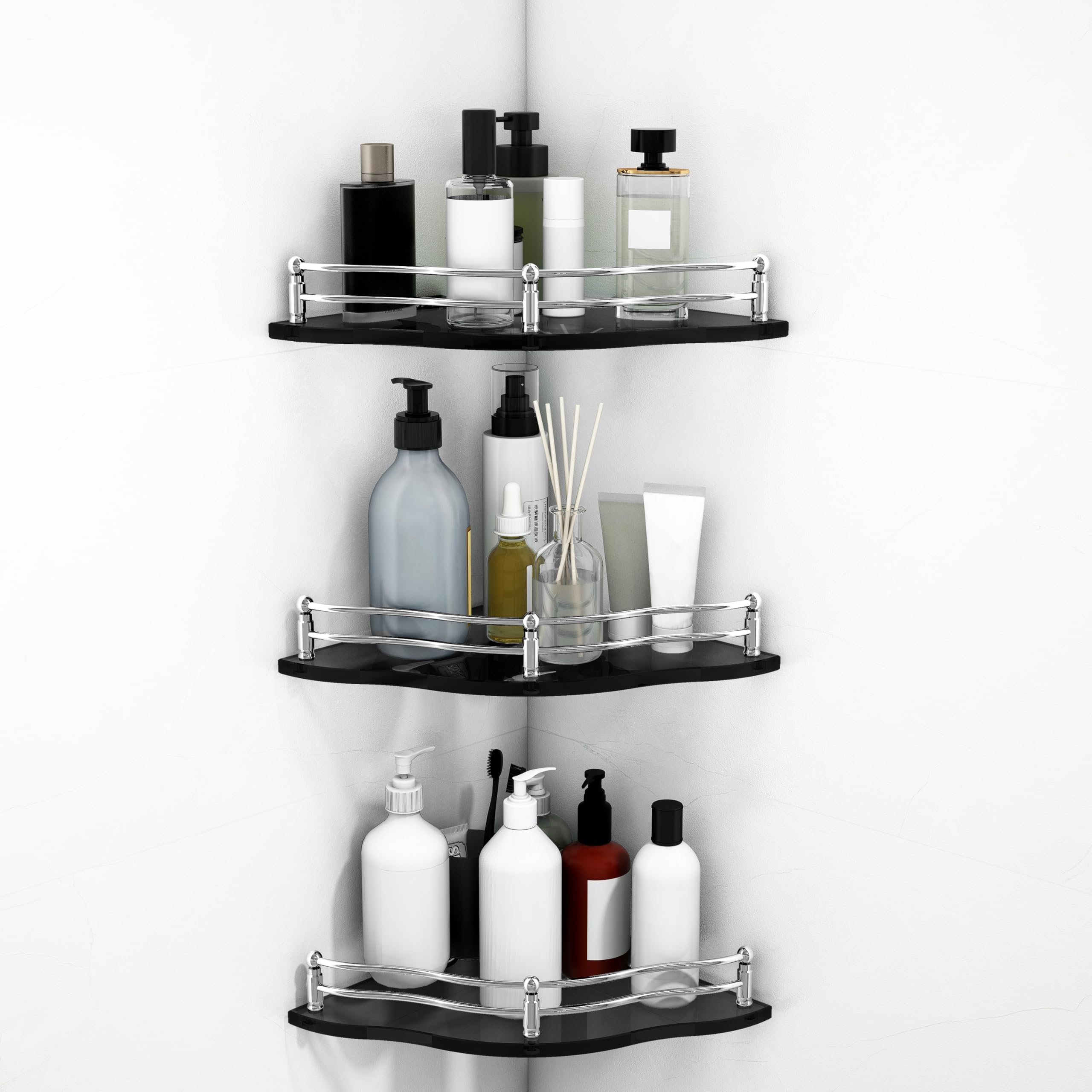Plantex Premium Black Glass Shelf for Bathroom/Kitchen Corner Shelf Wall Mount Flower Shape - Premium Bathroom Organizer (9x9 Inches - Pack of 3)-picture-25