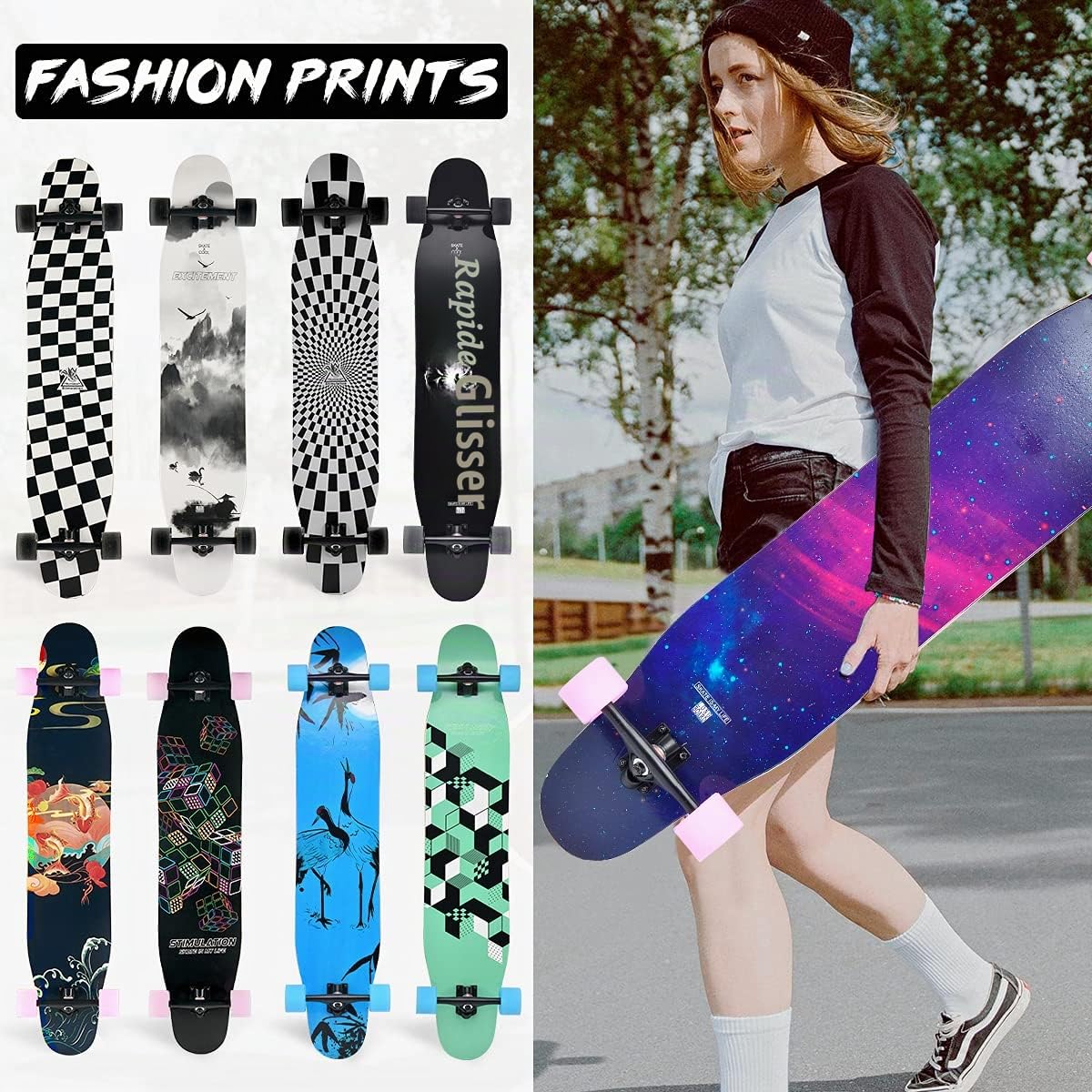 Longboard Adulte Skateboard Complètes,117x23 cm,Planche de Skate avec Roues LED Clignotantes,8 Couches de Bois D'érable Pont,Longboard Dancing Cruiser pour Débutants