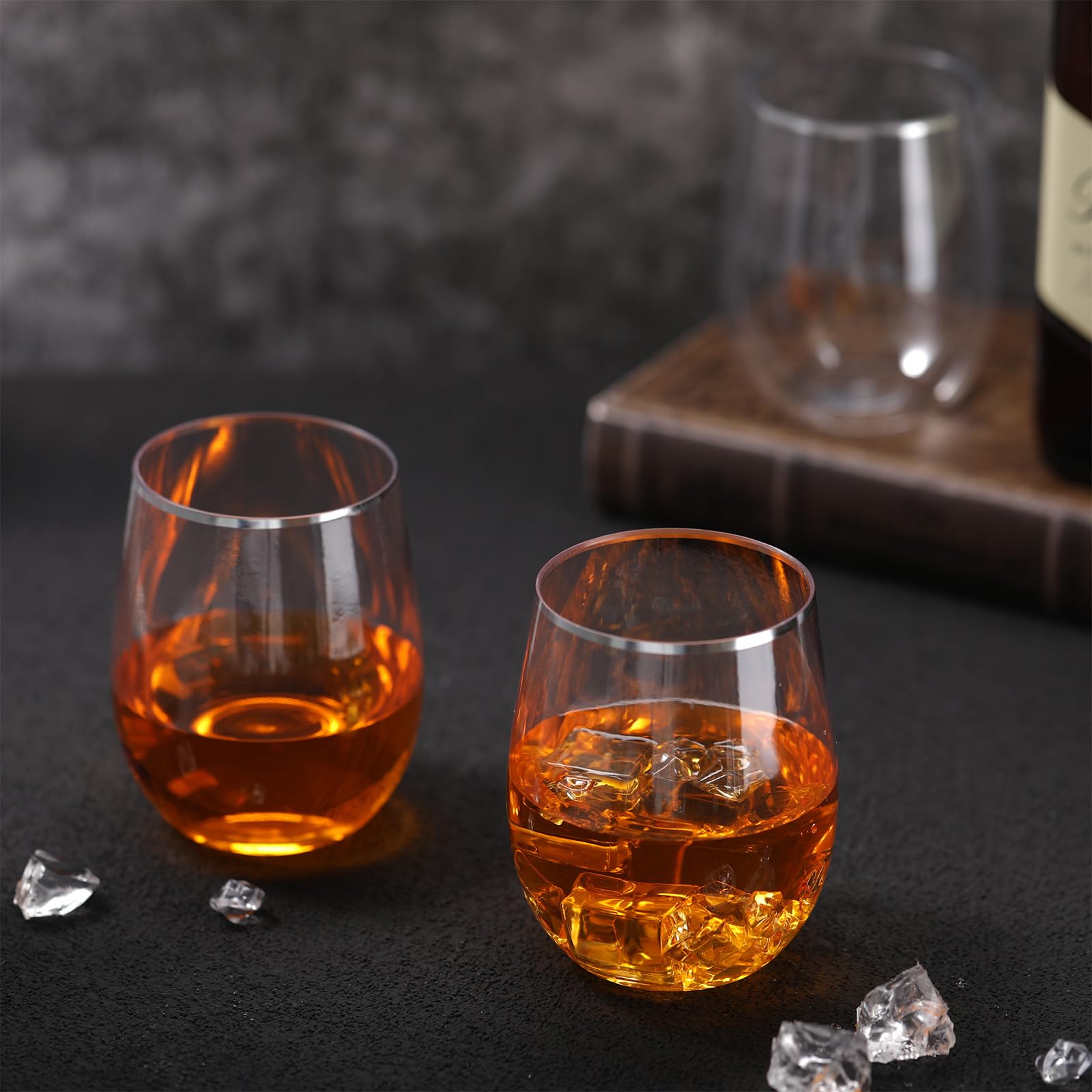 Bokon 100 Pack of 12Oz Stemless Wine Glasses Unbreakable Plastic Wine Glass Bulk Clear Shatterproof Reusable Drinking Cup for Christmas Party Gift Birthday Wedding Party Housewarming(Silver Rim)